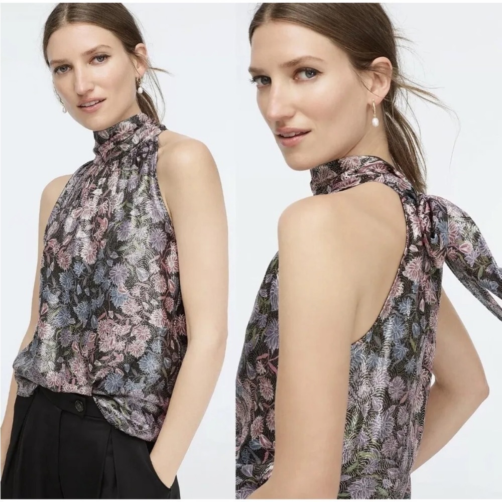 J. Crew Collection Reno Tie Neck Metallic Floral Top (P)